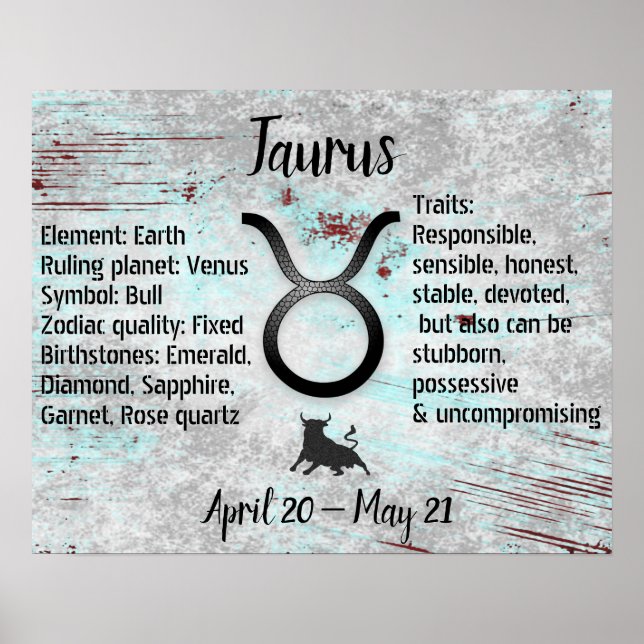 Poster Sinal de Horoscópio Taurus Traços e Datas Touro (Frente)