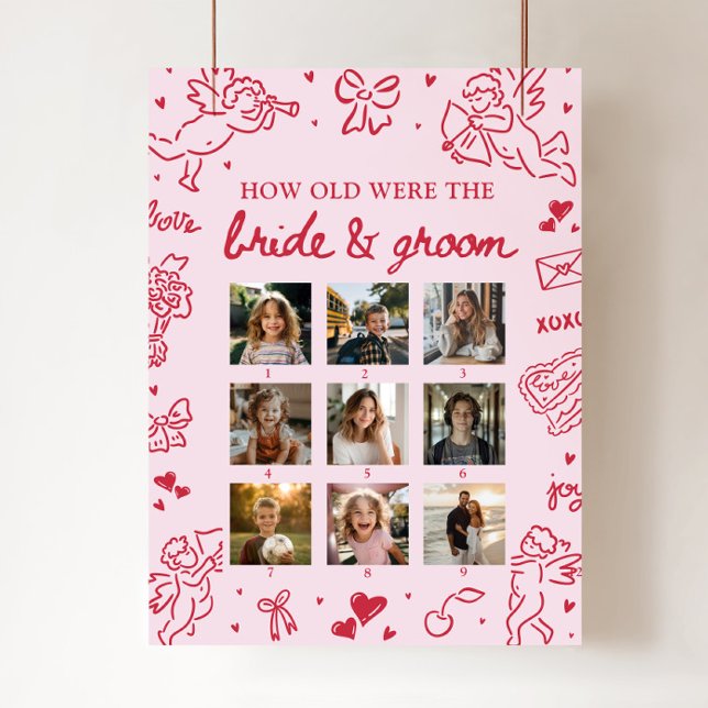Poster Sinal de Idade do Noivo e da Noiva Desenhado à Mão (Pink Hand Drawn How Old Were Bride & Groom Sign)