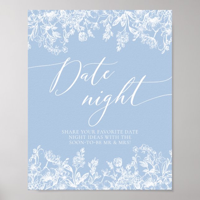Poster Sinal de Ideia Noturna de Data Floral Azul Dusty (Frente)
