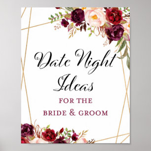 Poster Sinal de Jantar de Noiva Floral Boho Burgundy 8x10