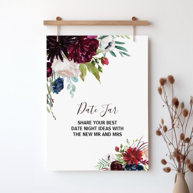 Poster Sinal de Jar de Data Floral Burgundy Navy Moderno (Criador carregado)