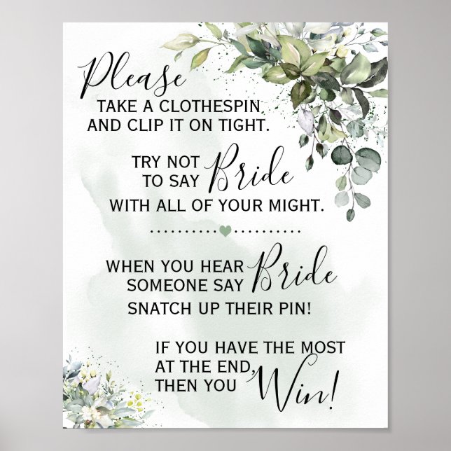 Poster Sinal de jogo de greenery de eucalipto de prendedo (Frente)