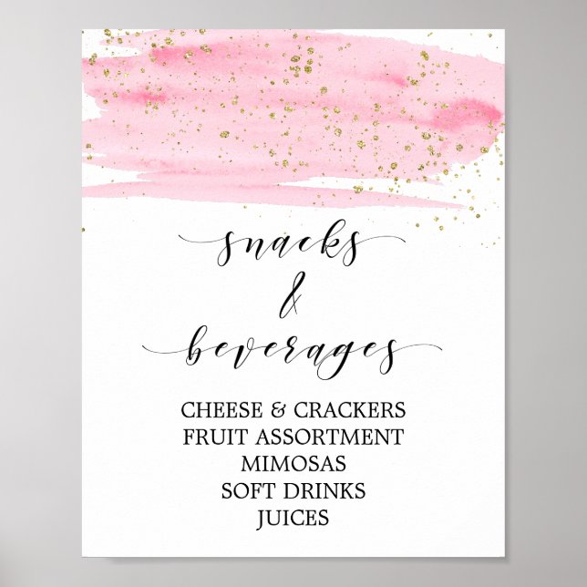 Poster Sinal de Lanches e Bebidas em Aquarela Rosa e Dour (Frente)