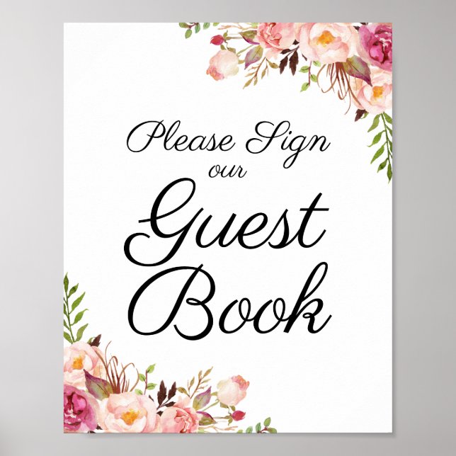 Poster Sinal de Livro de Convidado Rustic Pink Floral (Frente)