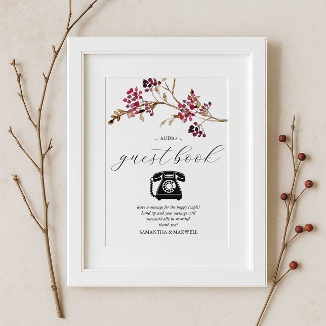 Poster Sinal de Livro de Convidado Rustic Wedding (fall bridal shower theme audio guestbook burgundy red and brown botanicals 
)