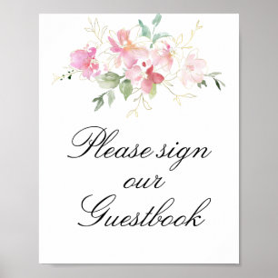 Poster sinal de livro de convidados floral rosa