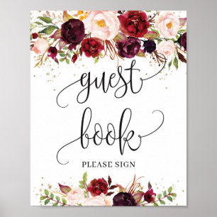 Poster Sinal de livro de hóspedes de ouro floral Boho bu