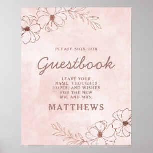 Poster Sinal de Livro de Visitantes Floral em Rosa e Dour