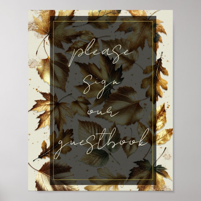 Poster Sinal de Livro de Visitas Bege e Preto com Folhas  (Frente)
