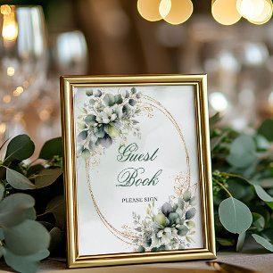 Poster Sinal de Livro de Visitas Clássico Verde e Dourado
