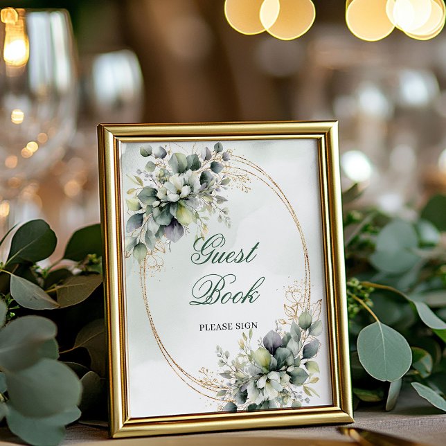 Poster Sinal de Livro de Visitas Clássico Verde e Dourado (Classic Greenery and Gold Guest Book Sign)
