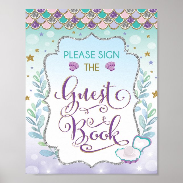 Poster Sinal de Livro de Visitas da Sereia Aniversário Ch (Frente)