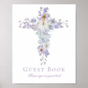 Poster Sinal de Livro de Visitas de Batismo Cruz Floral L