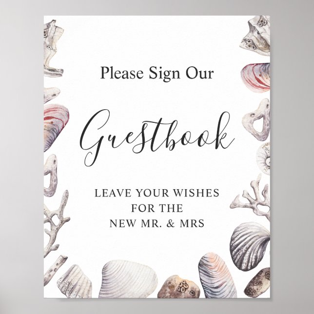 Poster Sinal de Livro de Visitas de Casamento com Conchas (Frente)