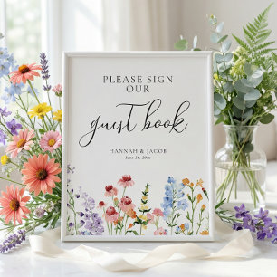 Poster Sinal de Livro de Visitas de Casamento com Flores