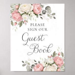 Poster Sinal de Livro de Visitas de Casamento com Vegetaç