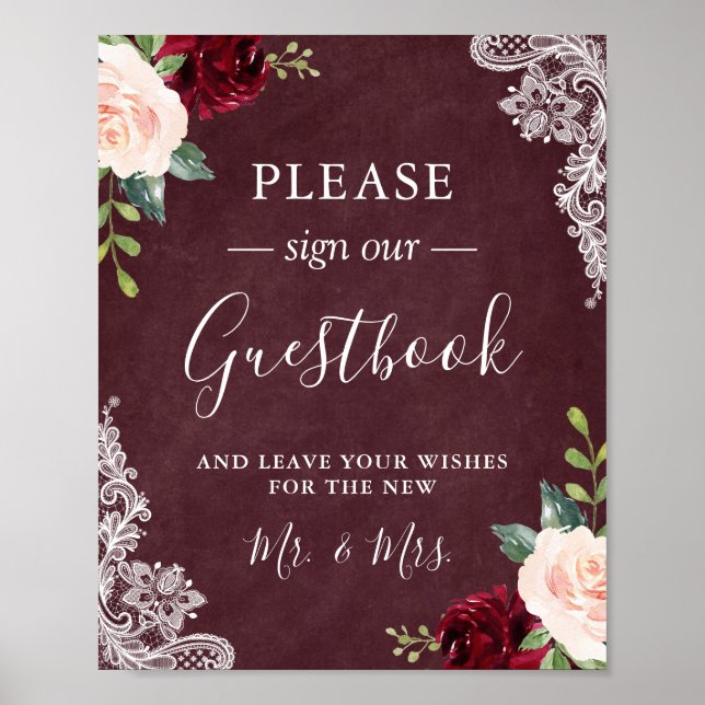Poster Sinal de Livro de Visitas de Casamento em Renda Fl (Frente)