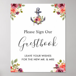Poster Sinal de Livro de Visitas de Casamento Floral Ânco