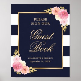 Poster Sinal de Livro de Visitas de Casamento Floral Azul