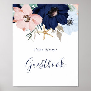 Poster Sinal de Livro de Visitas de Casamento Floral Náut