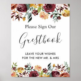 Poster Sinal de Livro de Visitas de Casamento Floral Outo