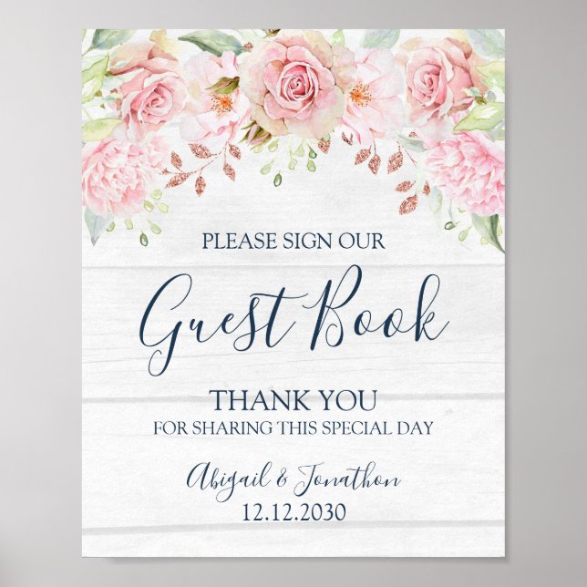 Poster Sinal de Livro de Visitas de Casamento Floral Rosa (Frente)