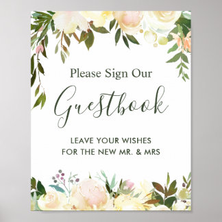 Poster Sinal de Livro de Visitas de Casamento Floral Verd