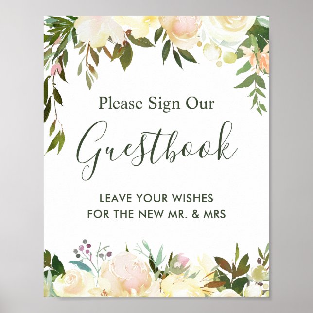 Poster Sinal de Livro de Visitas de Casamento Floral Verd (Frente)