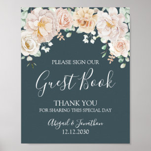 Poster Sinal de Livro de Visitas de Casamento Floral Vint
