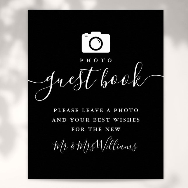 Poster Sinal de Livro de Visitas de Fotos em Preto e Bran (Photo Guest Book Black And White Script Sign)