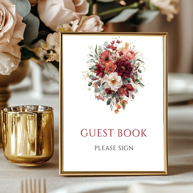 Poster Sinal de Livro de Visitas de Mesa em Eucalipto Boê (Maroon Bohemian Eucalyptus Guest Book Tabletop

)