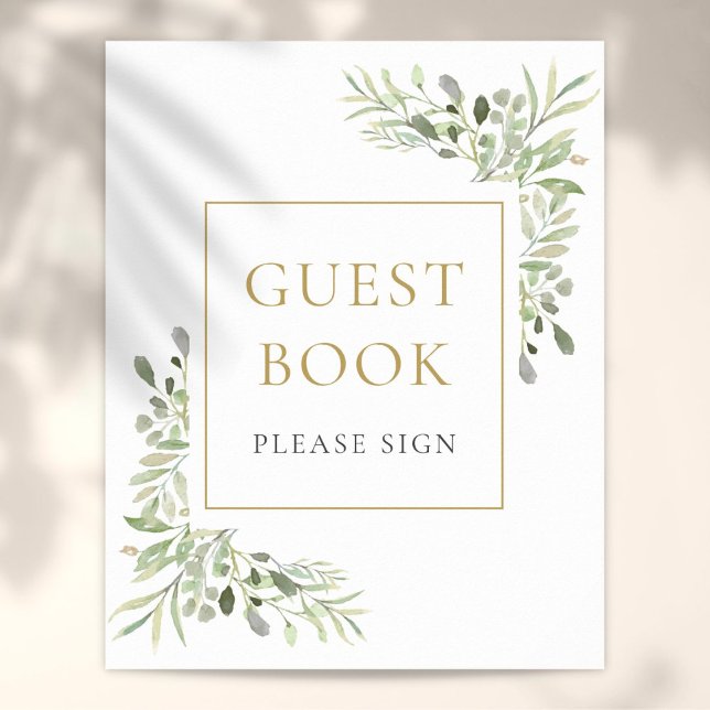 Poster Sinal de Livro de Visitas de Verde Água (Watercolor Greenery Guest Book Sign)