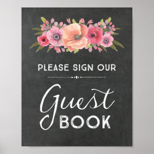 Poster Sinal de Livro de Visitas Floral Aquarela Giz Casa