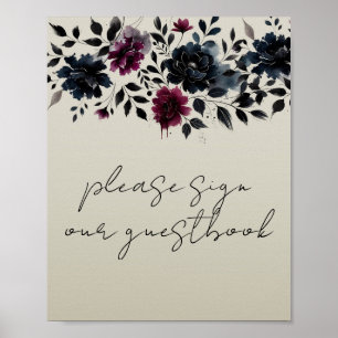 Poster Sinal de Livro de Visitas Floral Azul Meia-Noite B