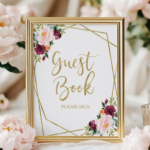 Poster Sinal de Livro de Visitas Floral Bege Borgonha