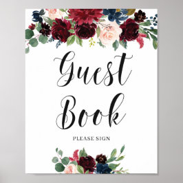 Poster Sinal de Livro de Visitas Floral Bege Burgundy Azu