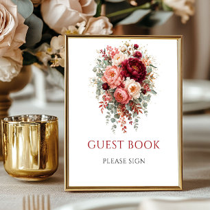 Poster Sinal de Livro de Visitas Floral Boêmio Vermelho I
