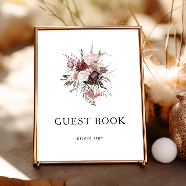 Poster Sinal de Livro de Visitas Floral Boho Borgonha (Criador carregado)