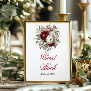 Poster Sinal de Livro de Visitas Floral Burgundy Chic Blu