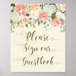 Poster sinal de livro de visitas floral de pêssego marfim