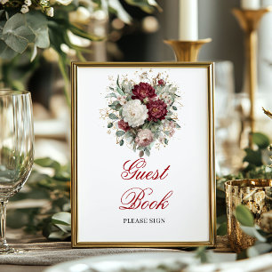 Poster Sinal de Livro de Visitas Floral Dourado Bege Burg