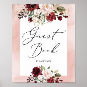 Poster Sinal de livro de visitas floral dourado rosa borg