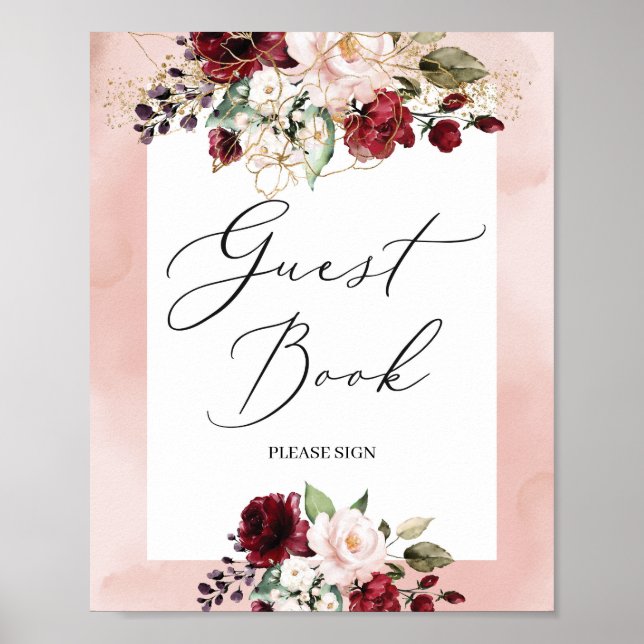 Poster Sinal de livro de visitas floral dourado rosa borg (Frente)