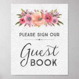 Pôster Sinal de Livro de Visitas Floral em Aquarela Rosa