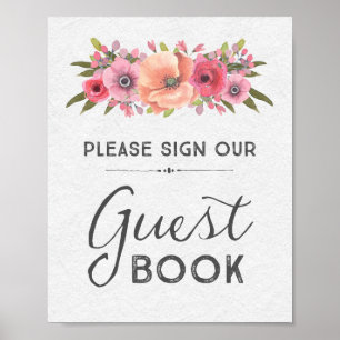 Pôster Sinal de Livro de Visitas Floral em Aquarela Rosa