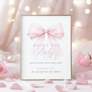 Poster Sinal de Livros com Laço Rosa para Chá de Bebê