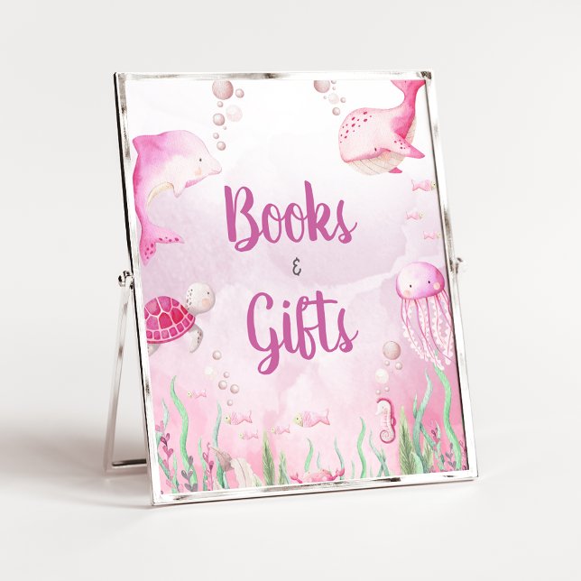 Poster Sinal de Livros e Presentes de Banho Rosa Debaixo  (Under the Sea Baby Shower Sign)