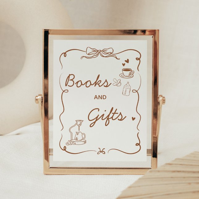 Poster Sinal de Livros e Presentes para Chá de Bebê Coffe (Coffee Baby is Brewing Baby Shower Sign)