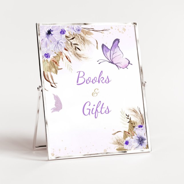 Poster Sinal de Livros e Presentes para Chá de Bebê Flora (Purple Butterfly Baby Shower Books and Gifts Sign)
