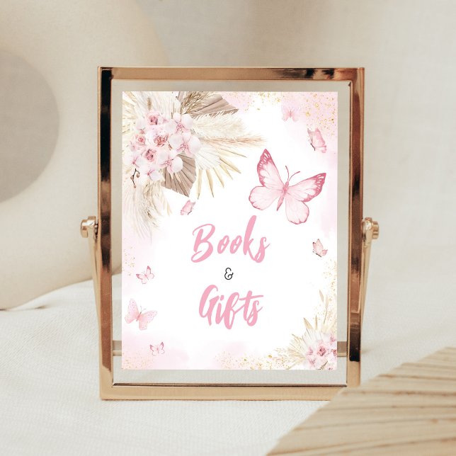 Poster Sinal de Livros e Presentes para Chás de Bebê Borb (Girl Butterfly Pampas Grass Baby Shower Books and Gifts Sign)